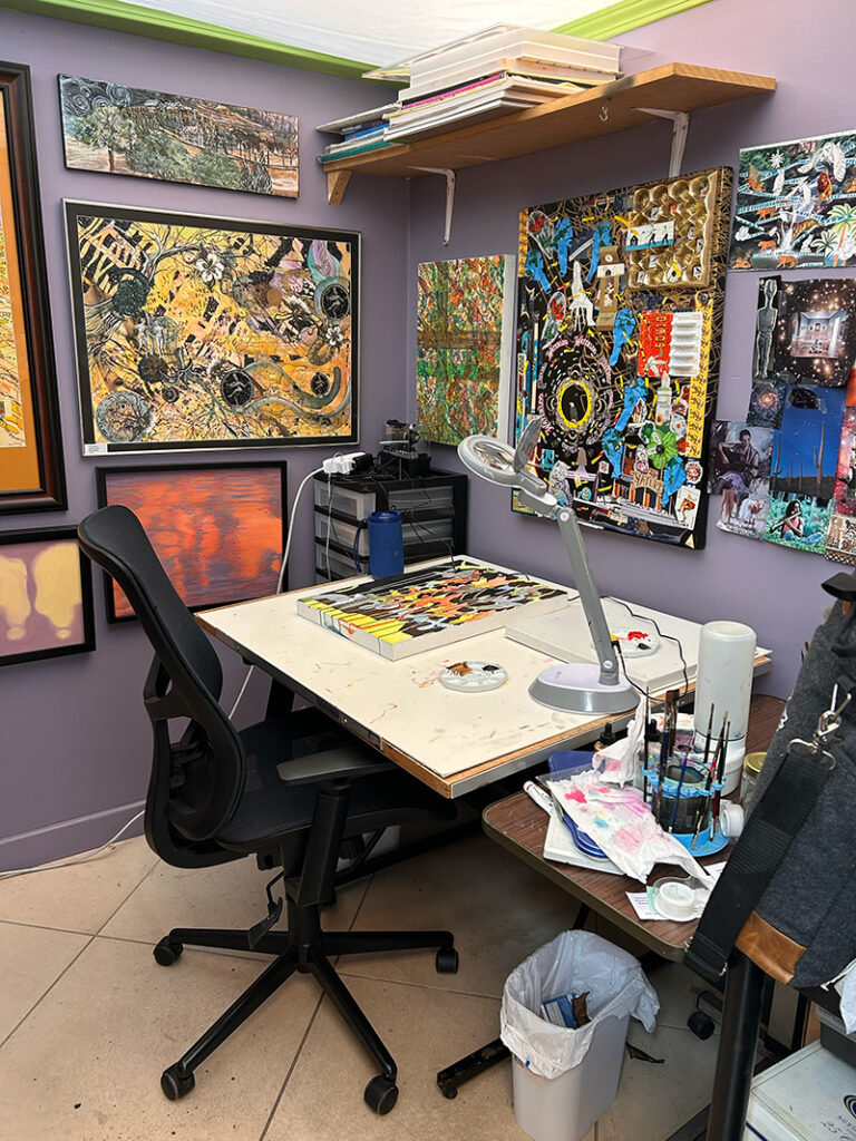 Artist studio covered in artwork